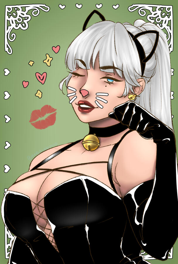 A platinum-blonde woman dons a black corset and gloves. Her hair is adorned with a set of cay ears. The background is green with hearts, stars, and filigree on the corners. This woman is ready for Halloween this year. Artist is marialagidyne on twitter/blu